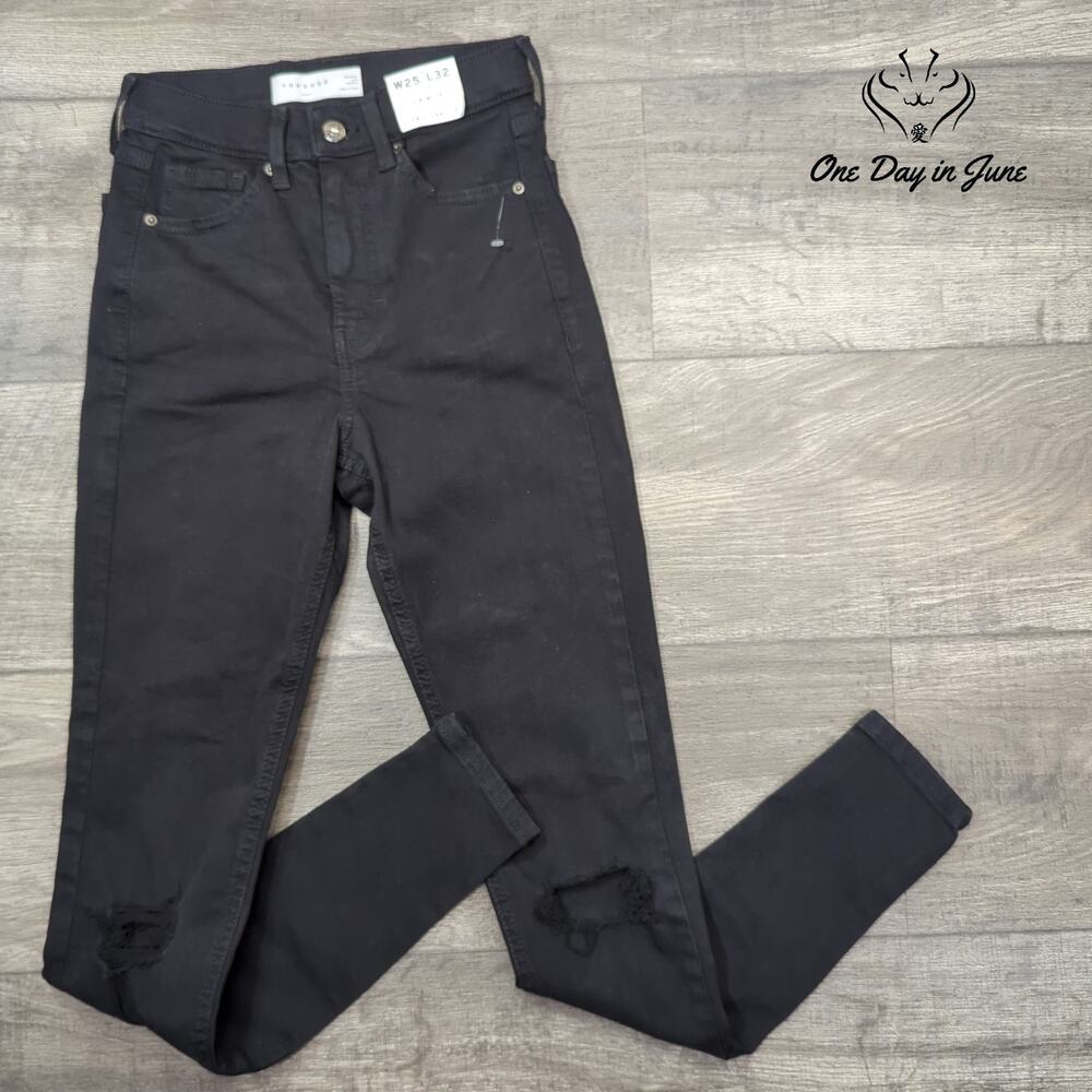 Topshop Jamie High Rise Distressed Skinny Jeans Black NWT Size 2 (25X32)